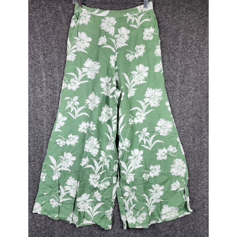 Midnight Sky Floral Wide Leg Pants Womens Medium Green Linen Blend Boho Relaxed
